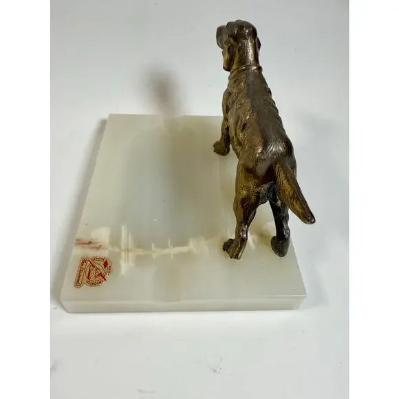 Vintage MCM Mid Century Brass Cocker Spaniel Figure on Solid Onyx Ashtray 6”sq